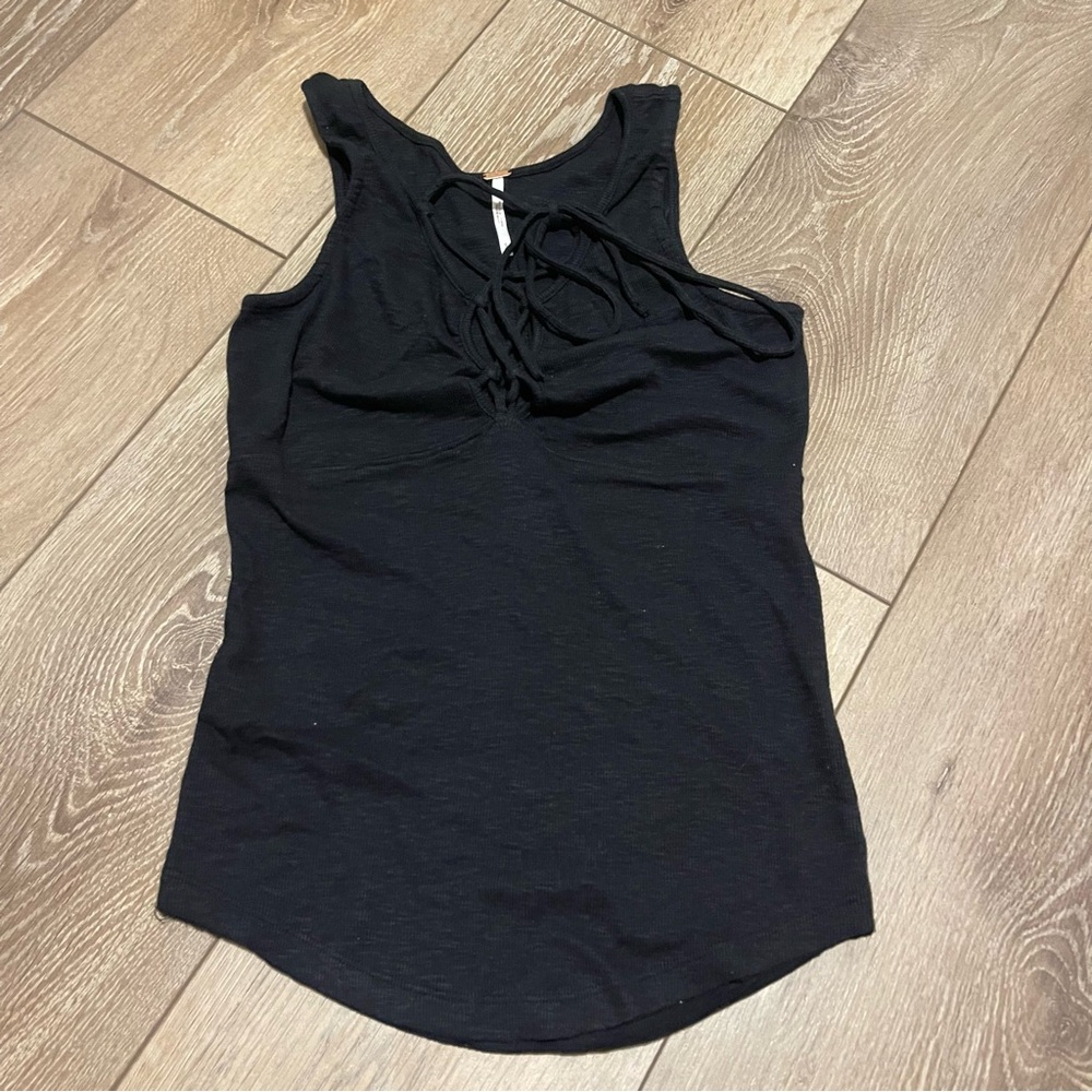 Free People Emmy Lou Tank Top Sz Small Lace Up Tie Front Ribbed Black